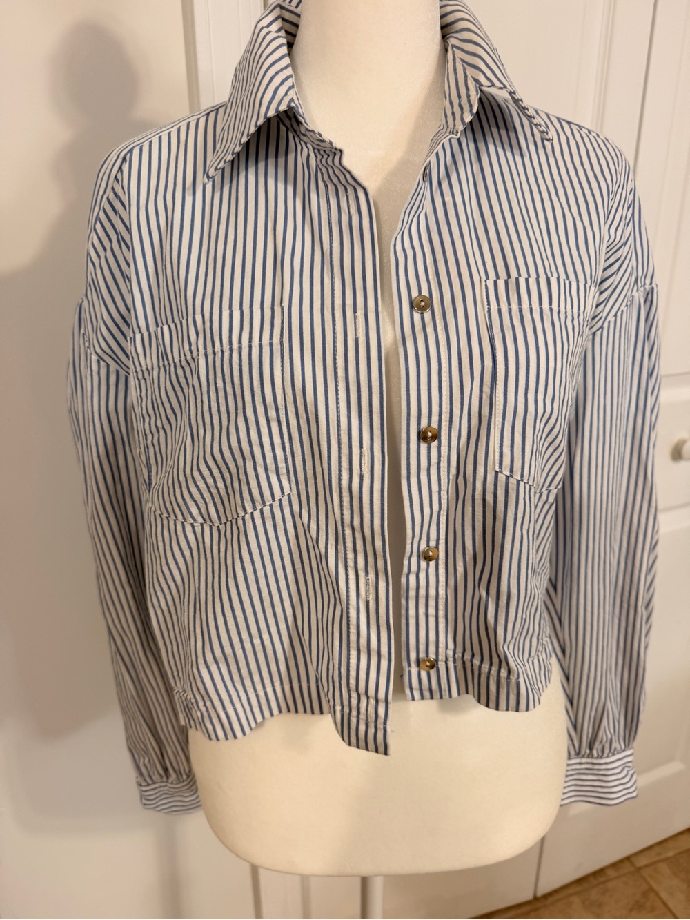 Zara White and Blue Striped Cropped Button-Up Top